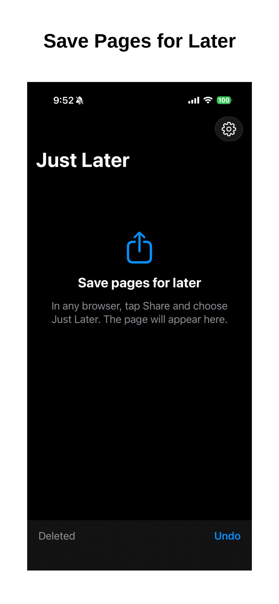 Start screen explaining how to save pages from the Share button