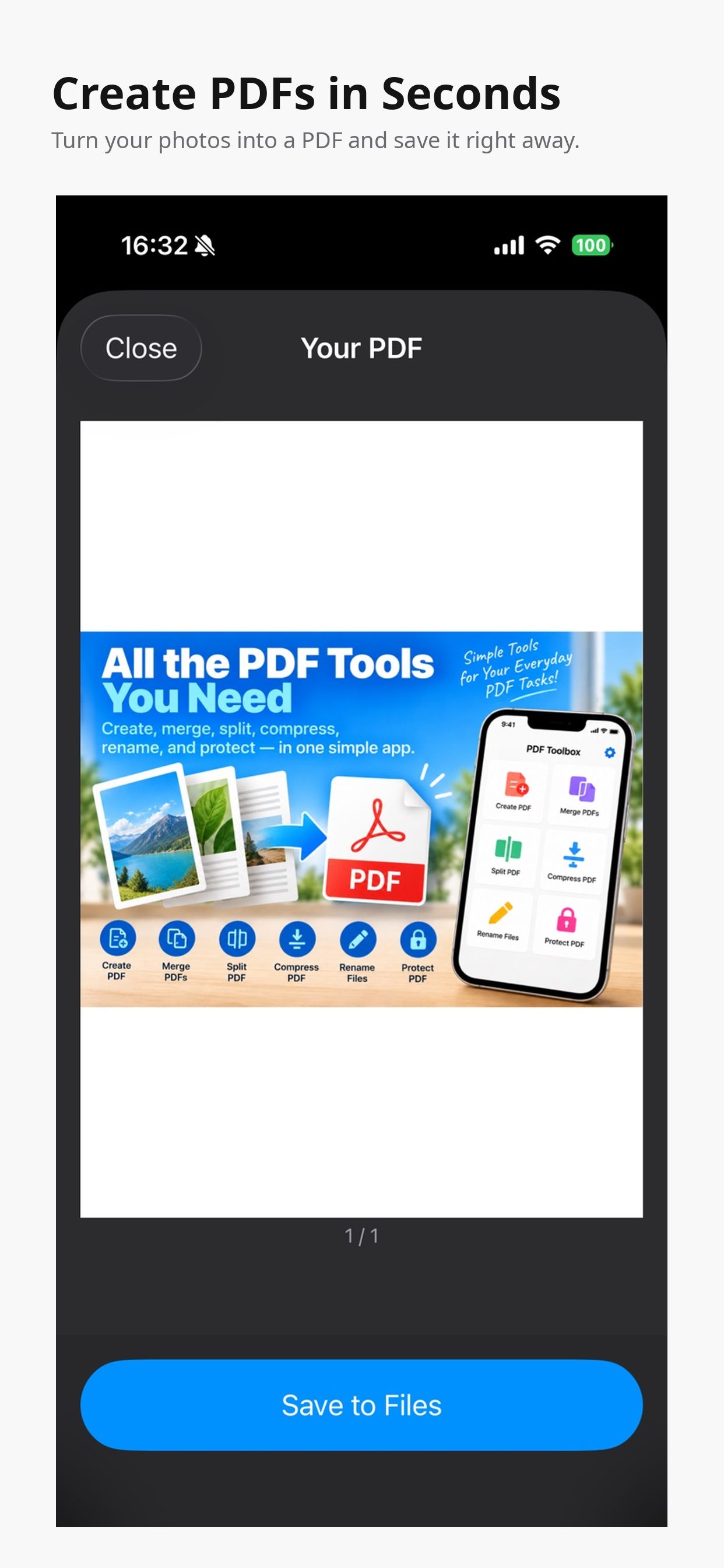 A PDF created from photos, ready to save to Files