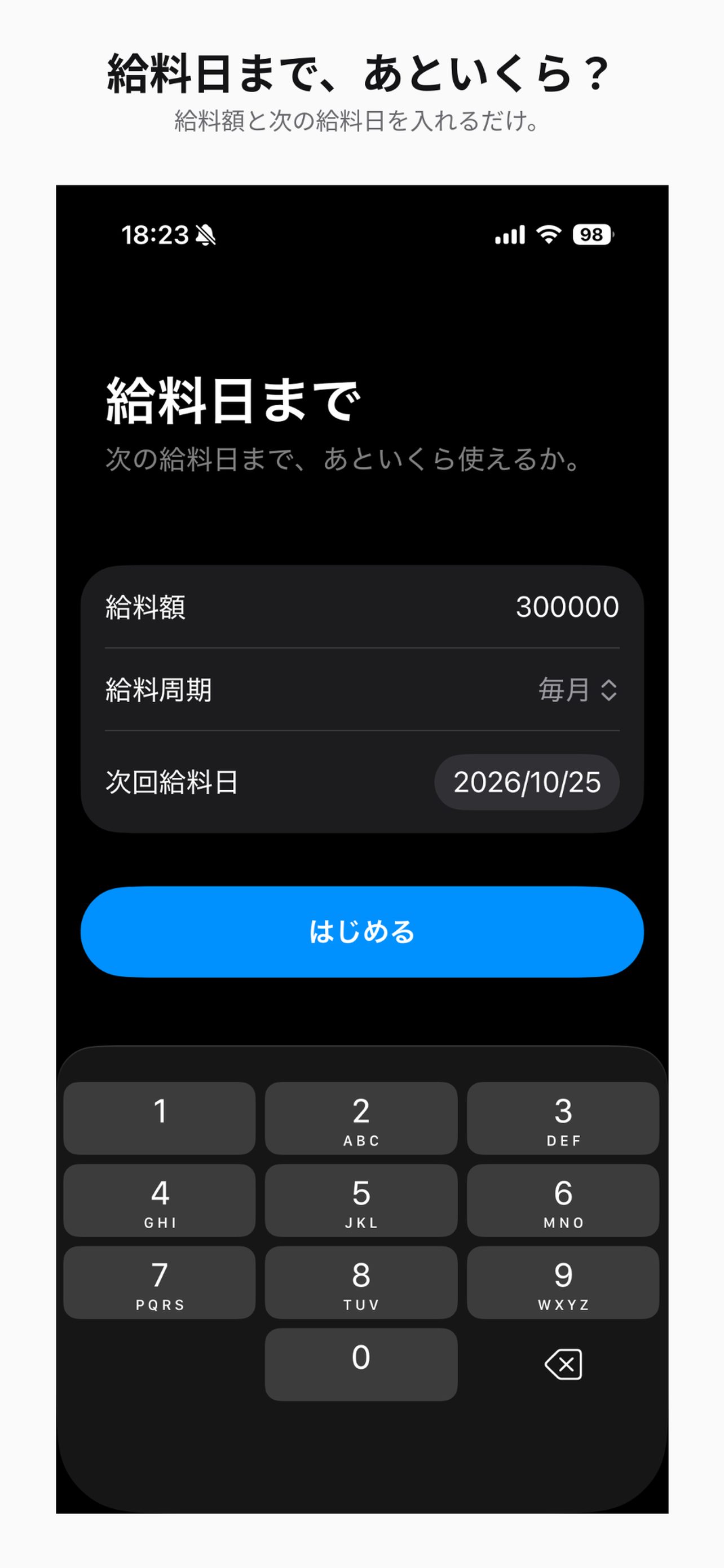 給料額・給料周期・次回給料日を入力する最初の画面