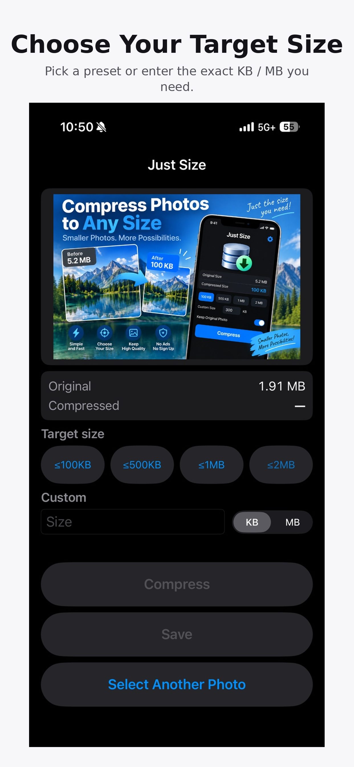 Target size screen with 100 KB, 500 KB, 1 MB, and 2 MB presets