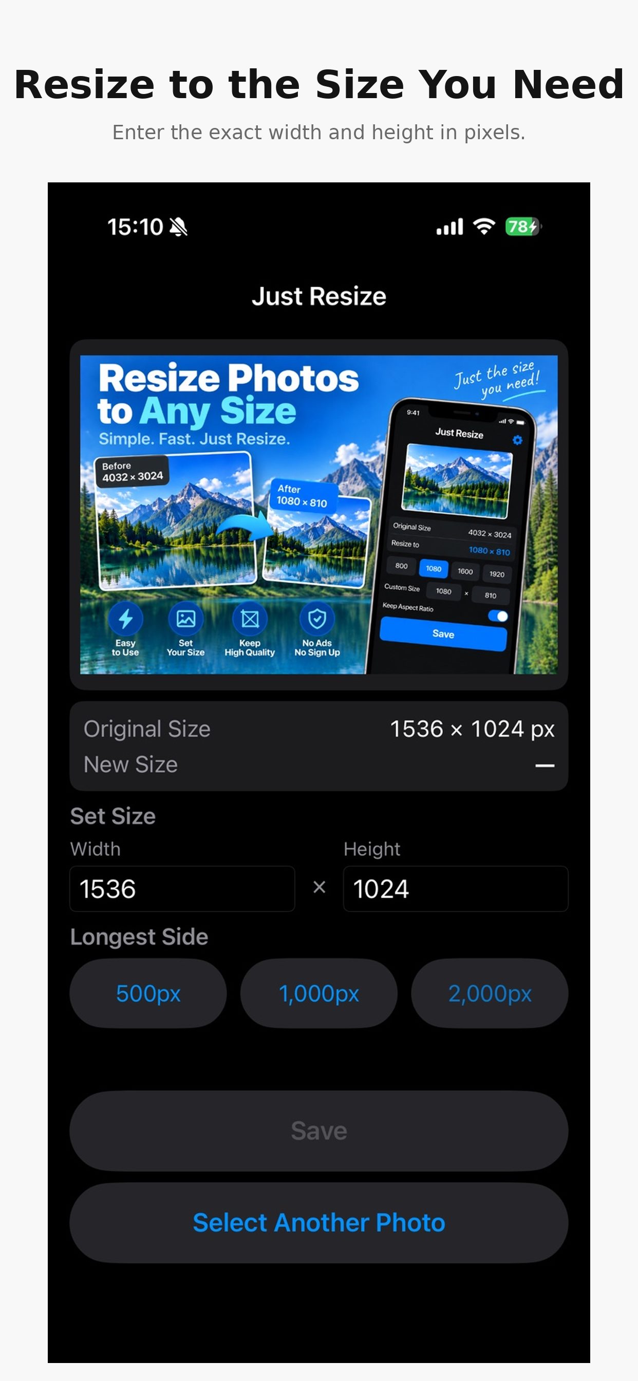Resize screen showing the original size of 1536 × 1024 px