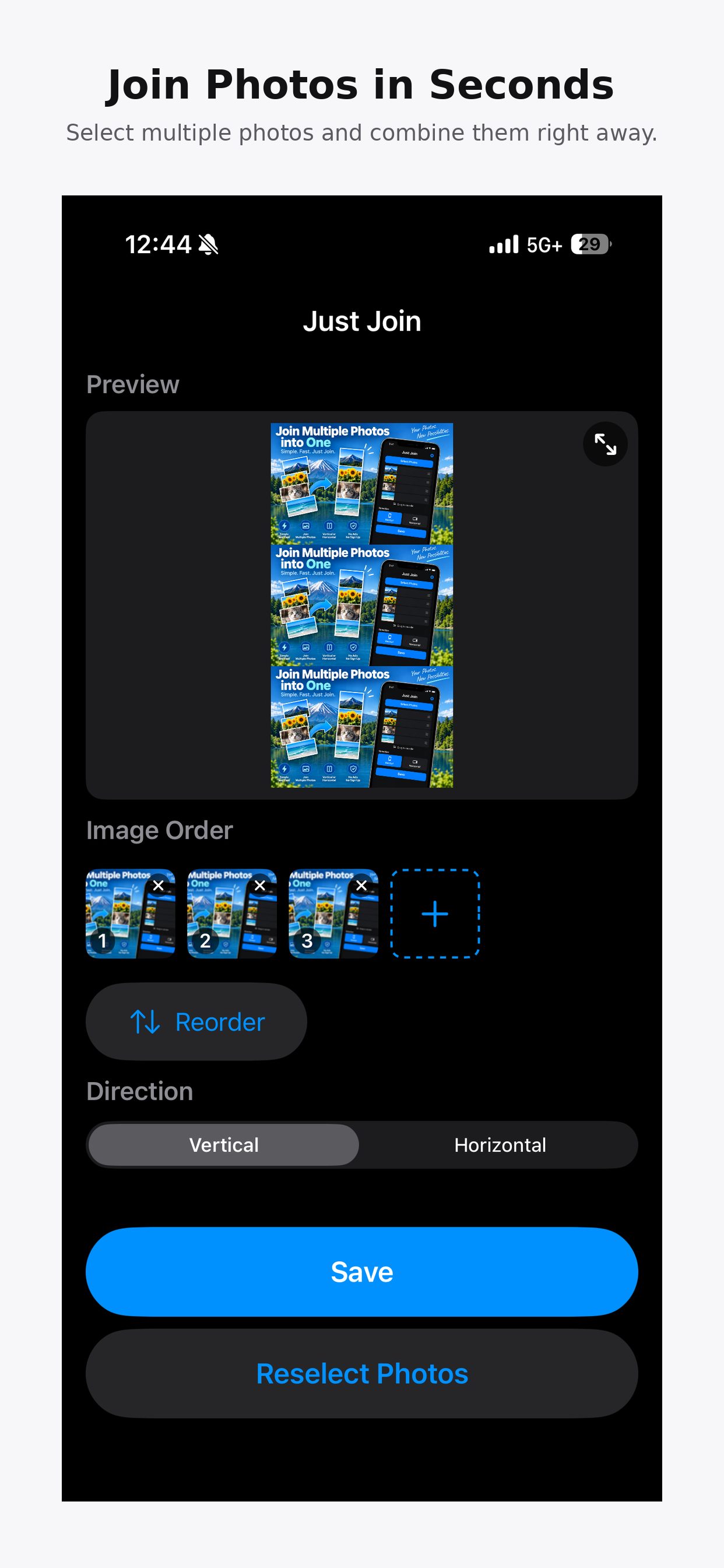 Three photos combined vertically in the preview