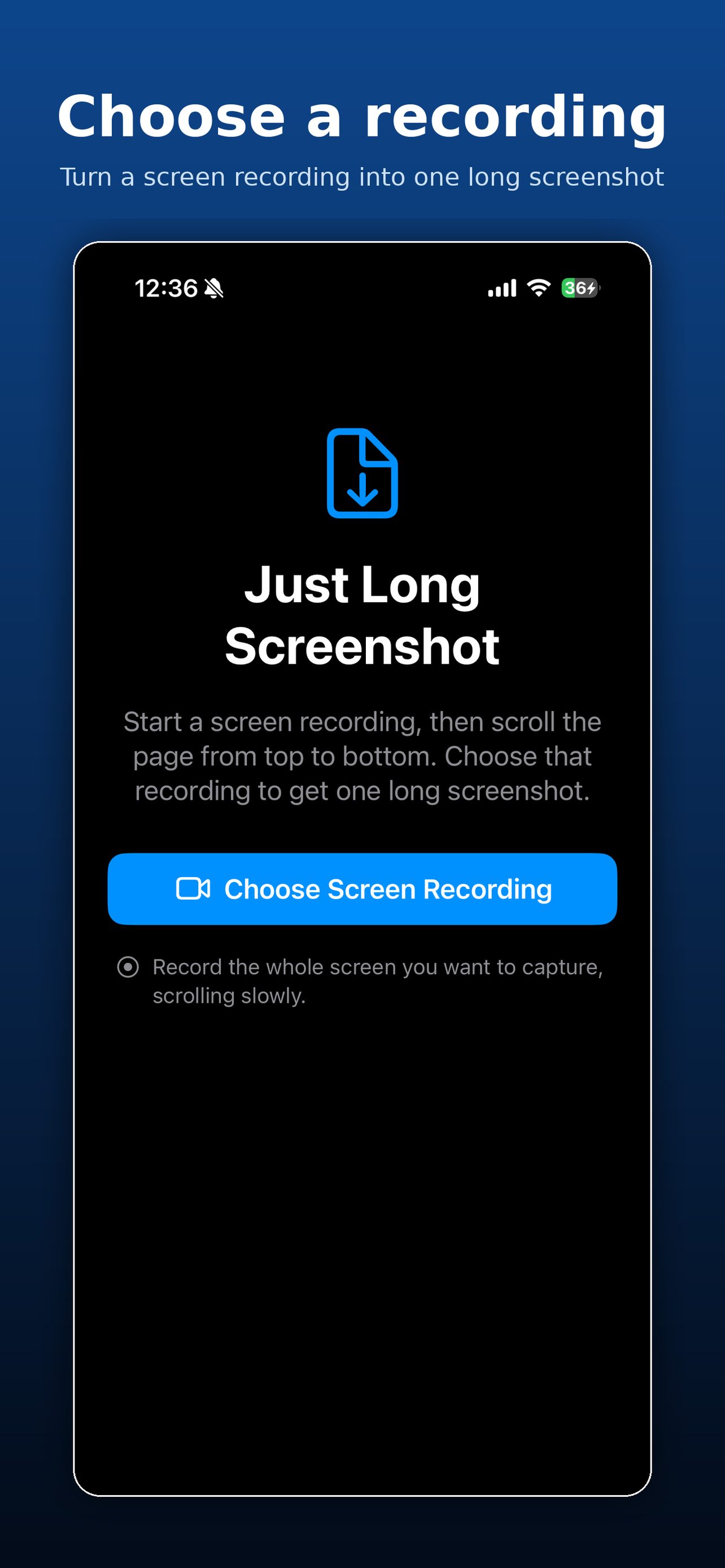 Start screen with a Choose Screen Recording button