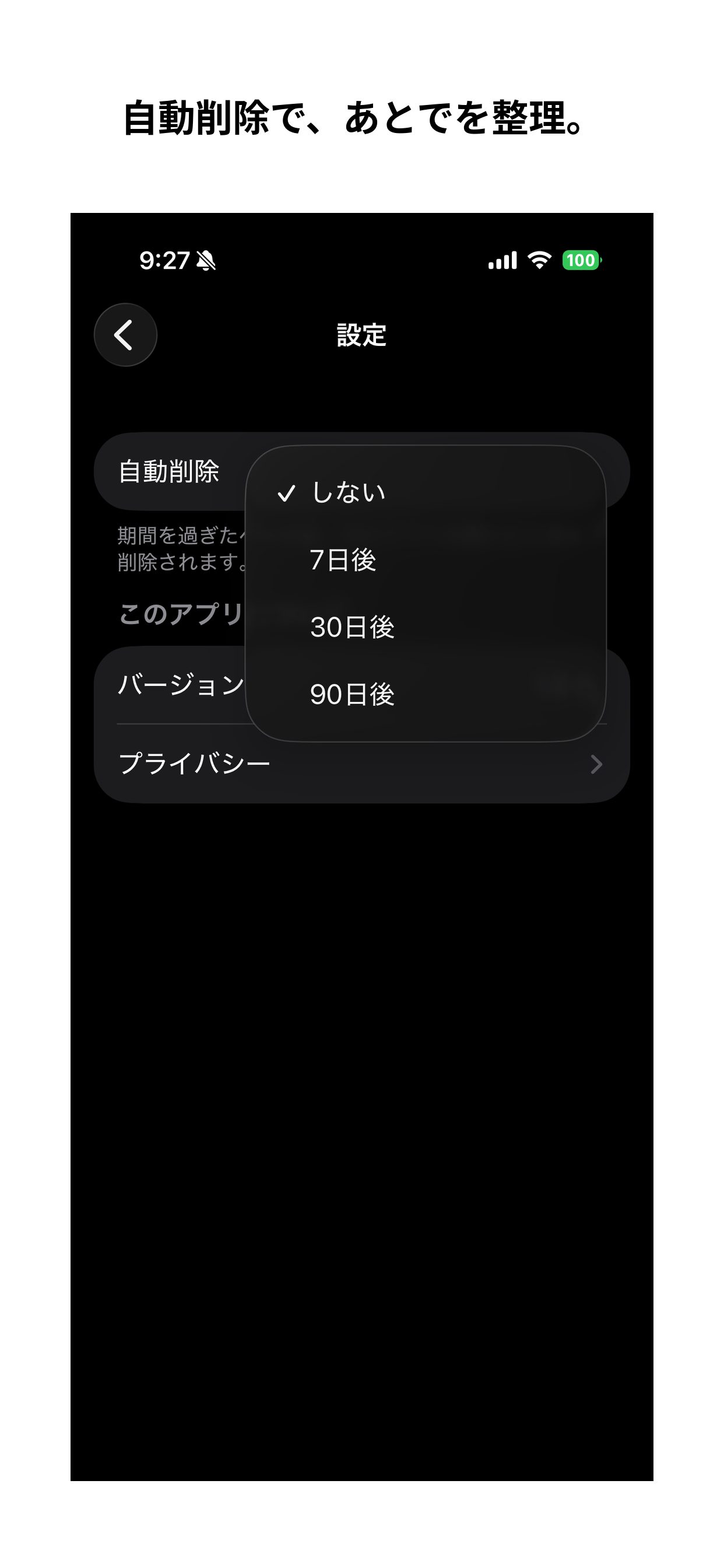 自動削除を「しない」「7日後」「30日後」「90日後」から選ぶ設定画面