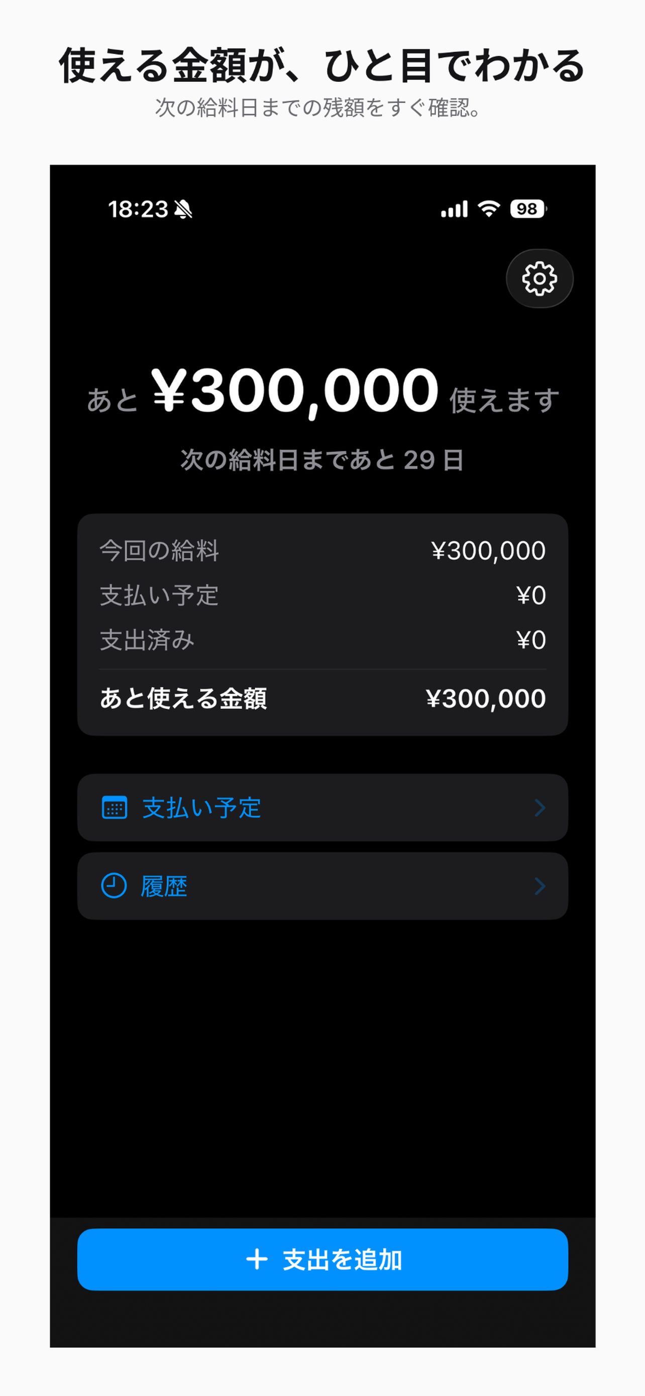 「あと ¥300,000 使えます」と次の給料日まであと29日を表示した画面