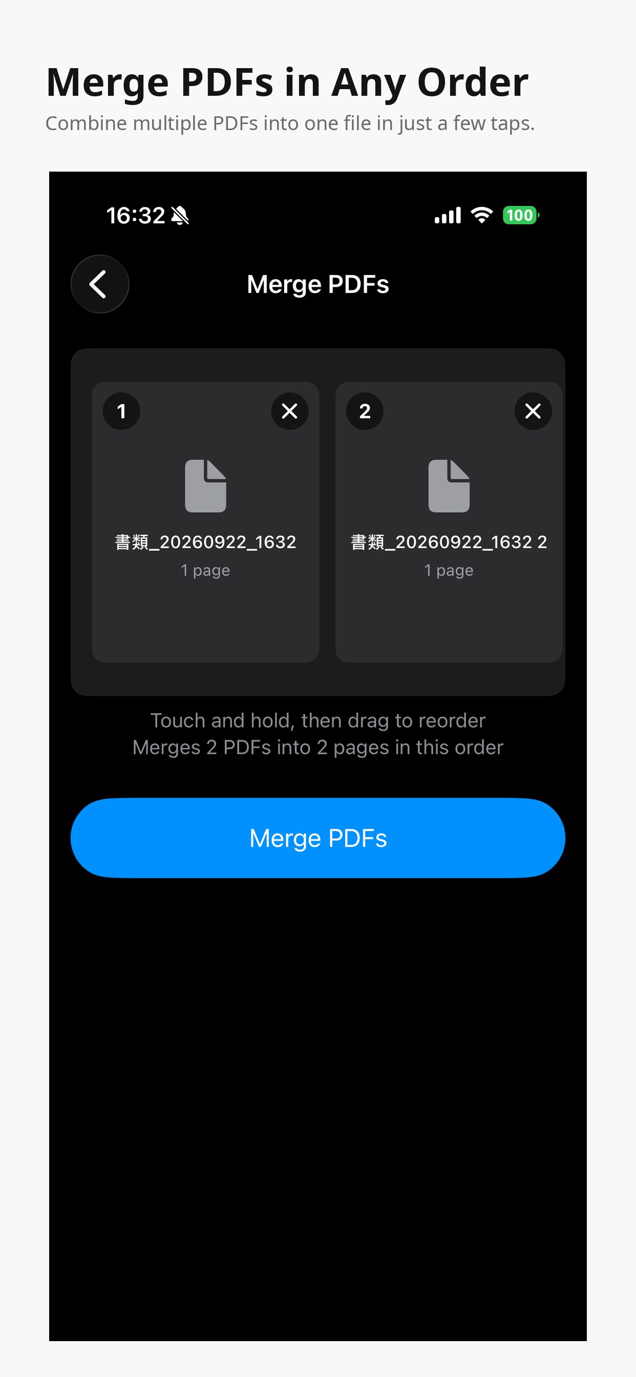Merge PDFs screen with two files in order