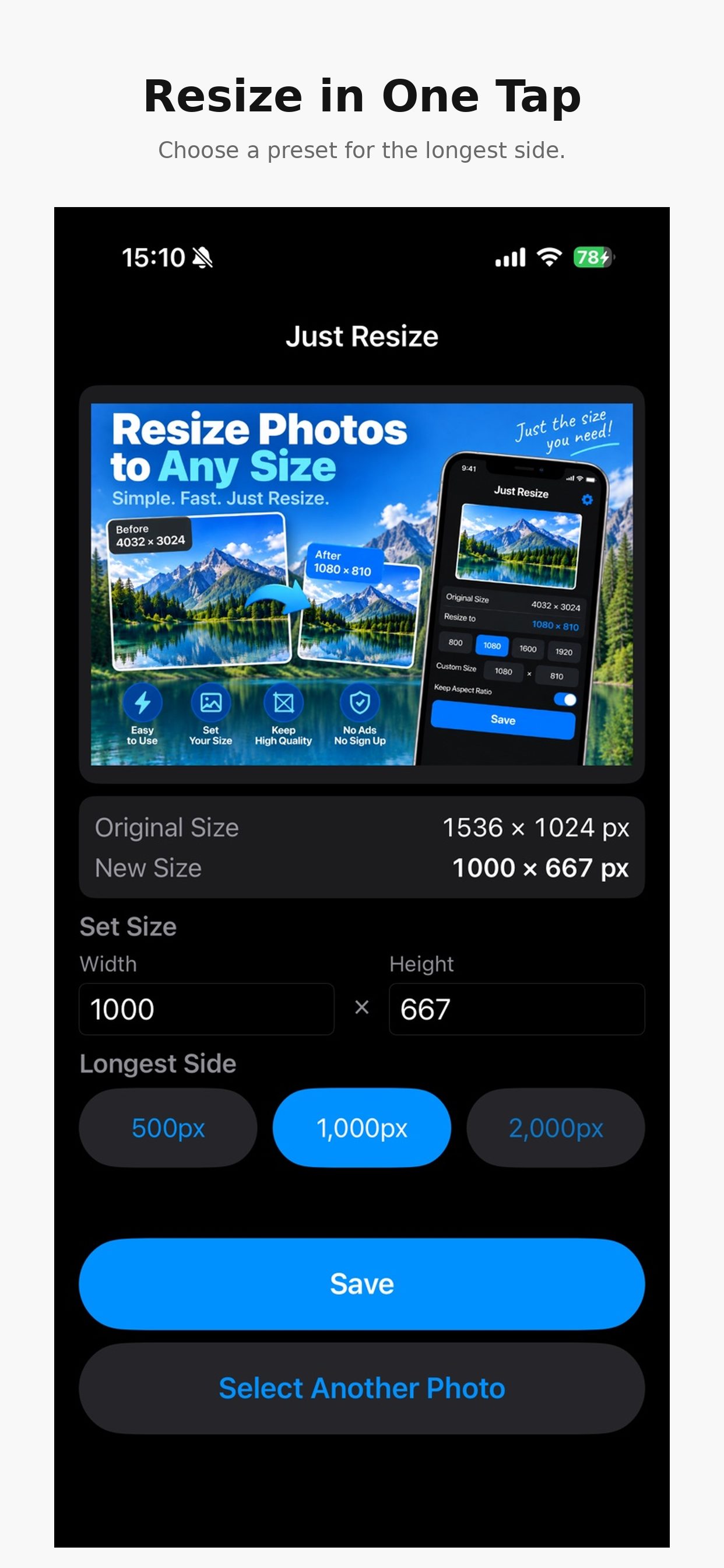 The 1000 px preset applied, resizing to 1000 × 667 px