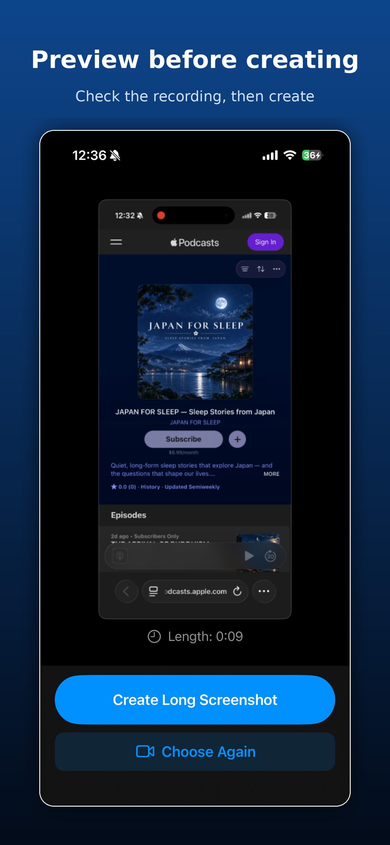 Previewing the selected recording before creating a long screenshot