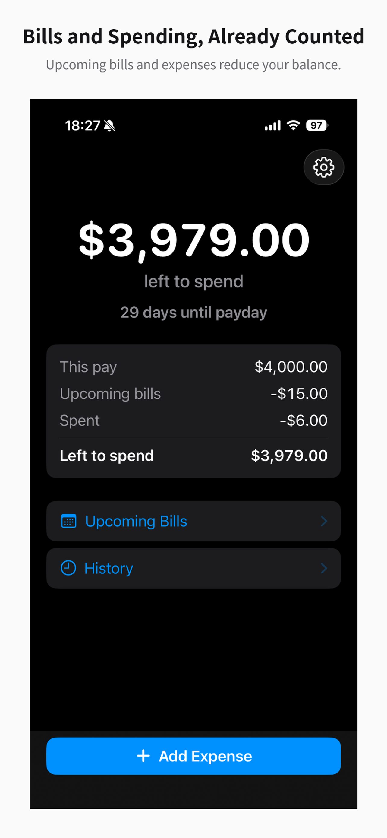 Balance of $3,979.00 after an upcoming bill and an expense