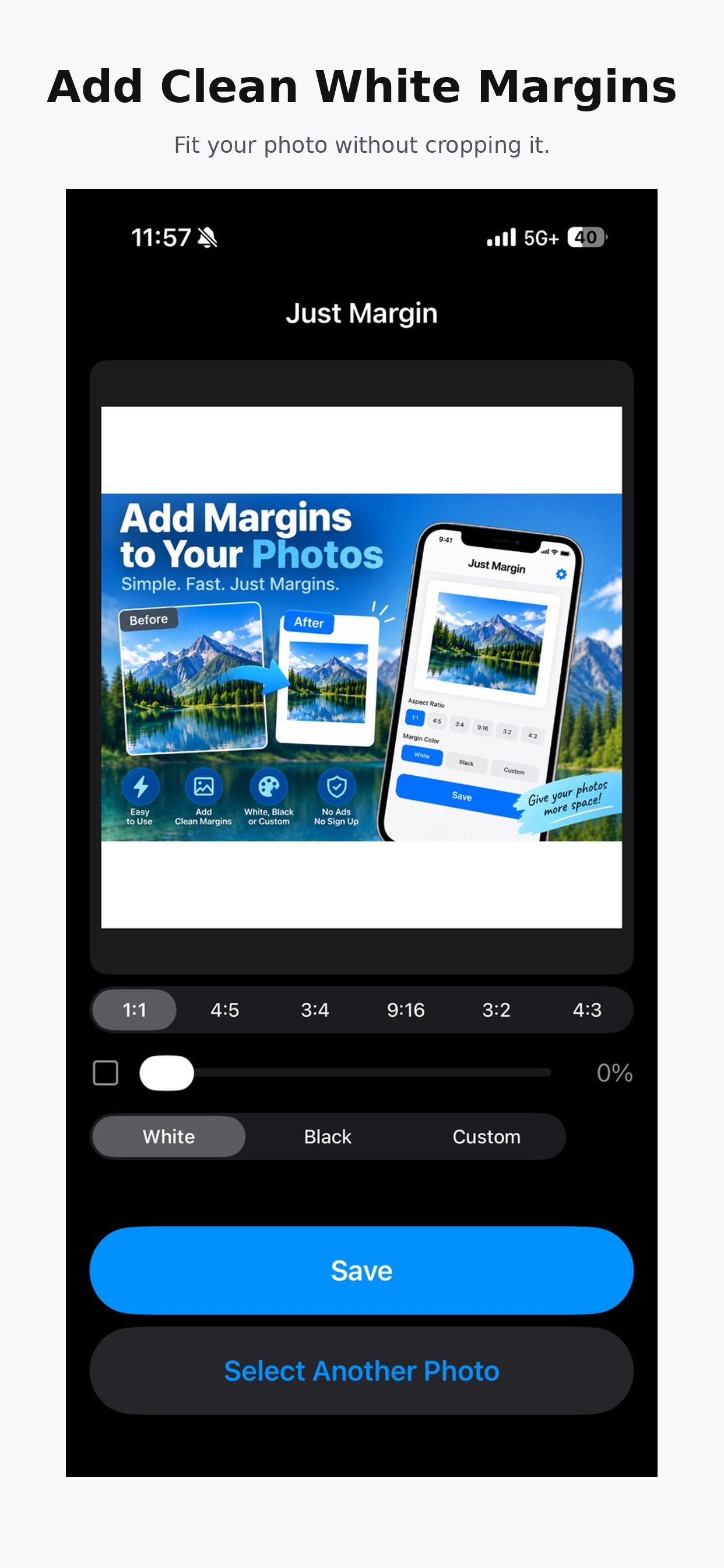 White margins added around a photo at a 1:1 ratio