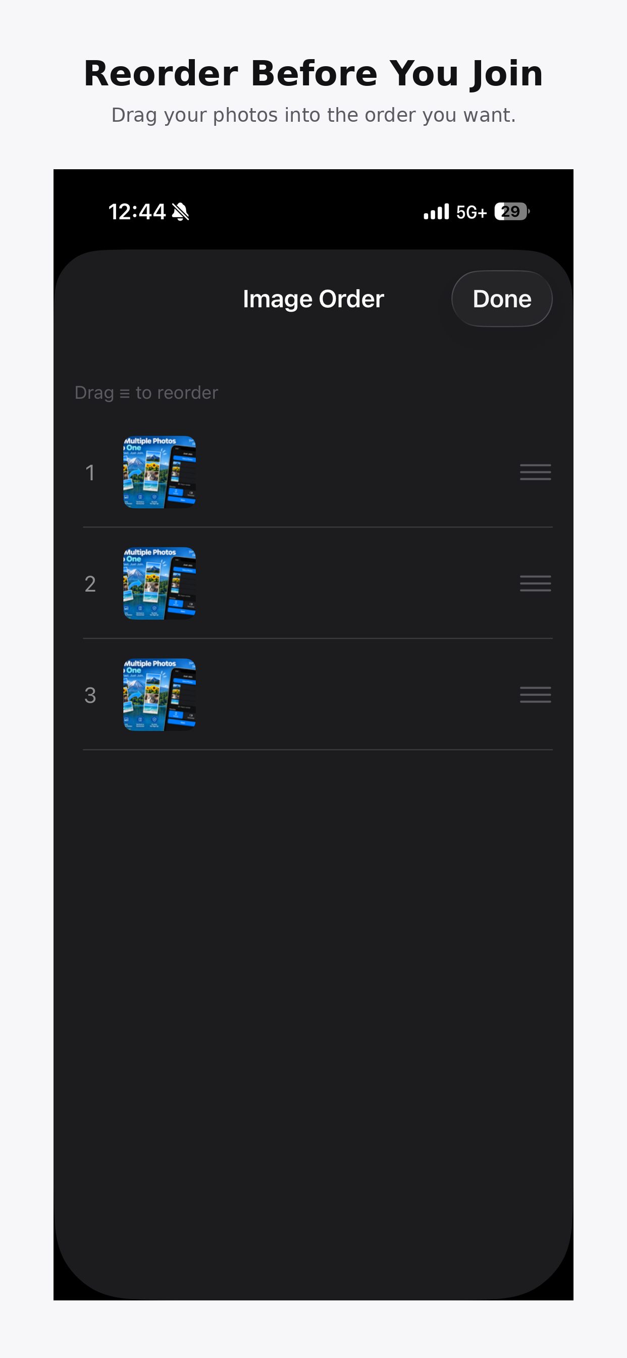 Image Order screen for dragging photos into place