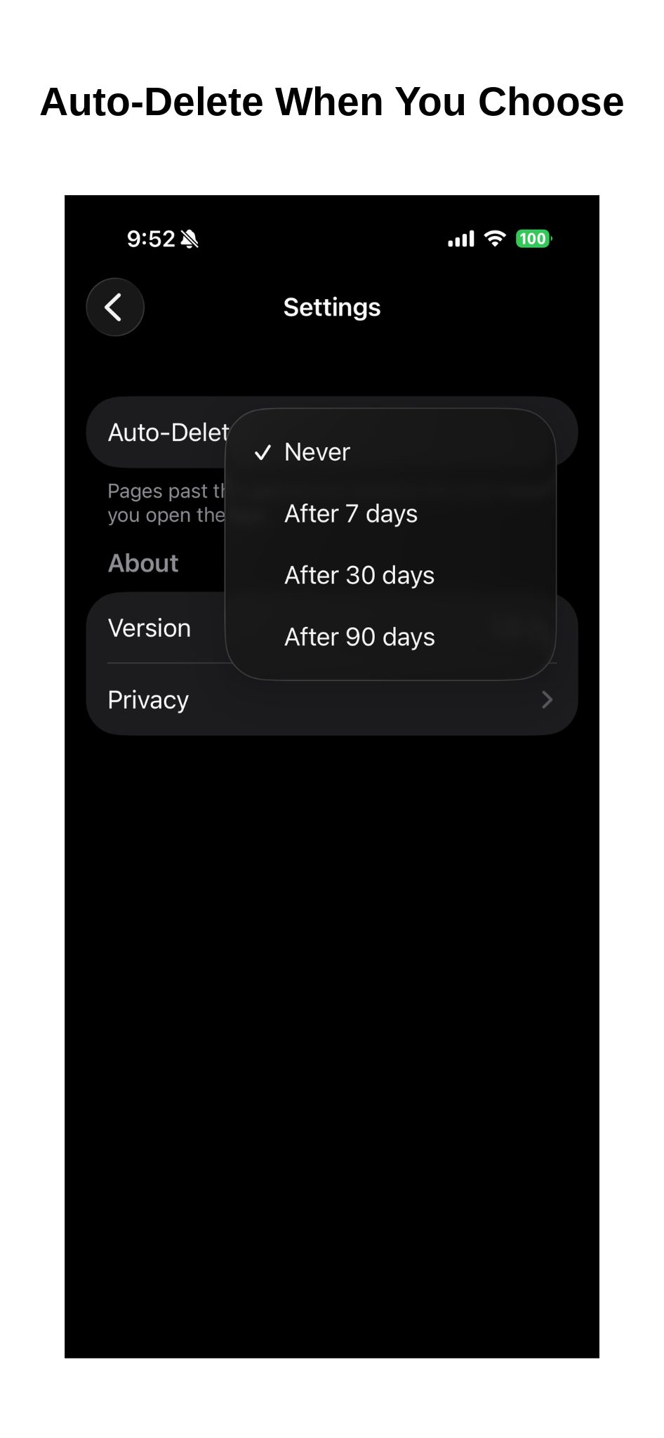 Auto-Delete options: Never, After 7 days, After 30 days, and After 90 days