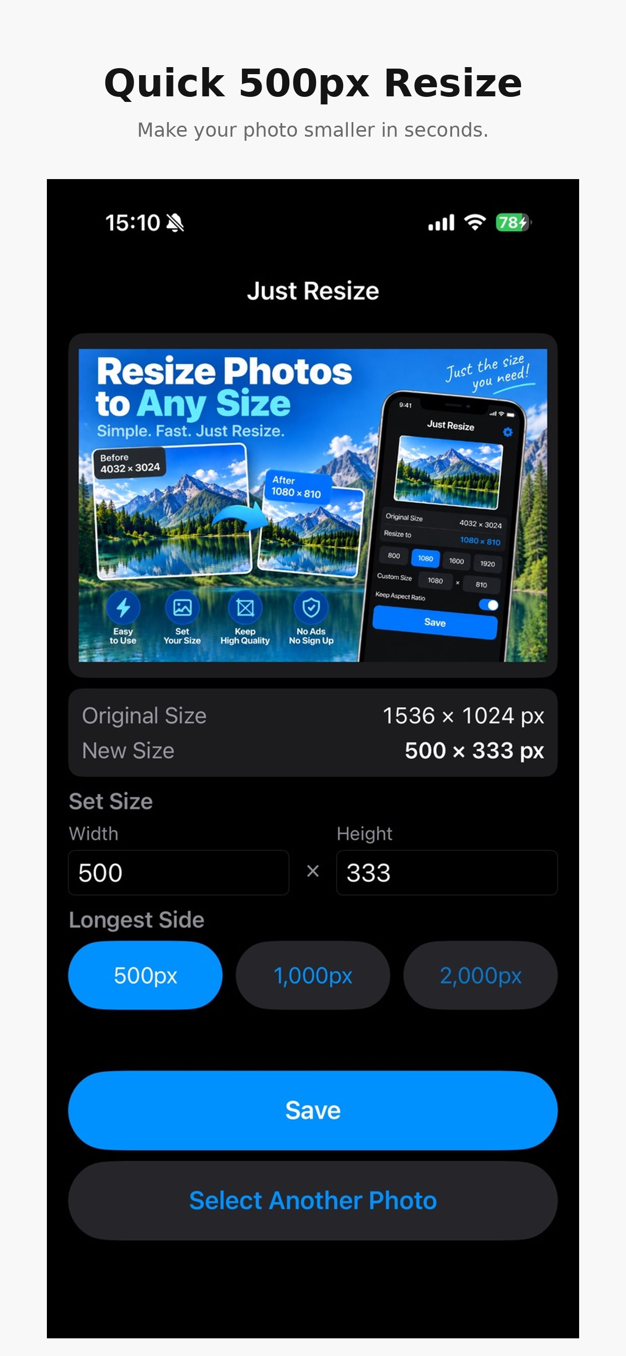 The 500 px preset applied, resizing to 500 × 333 px