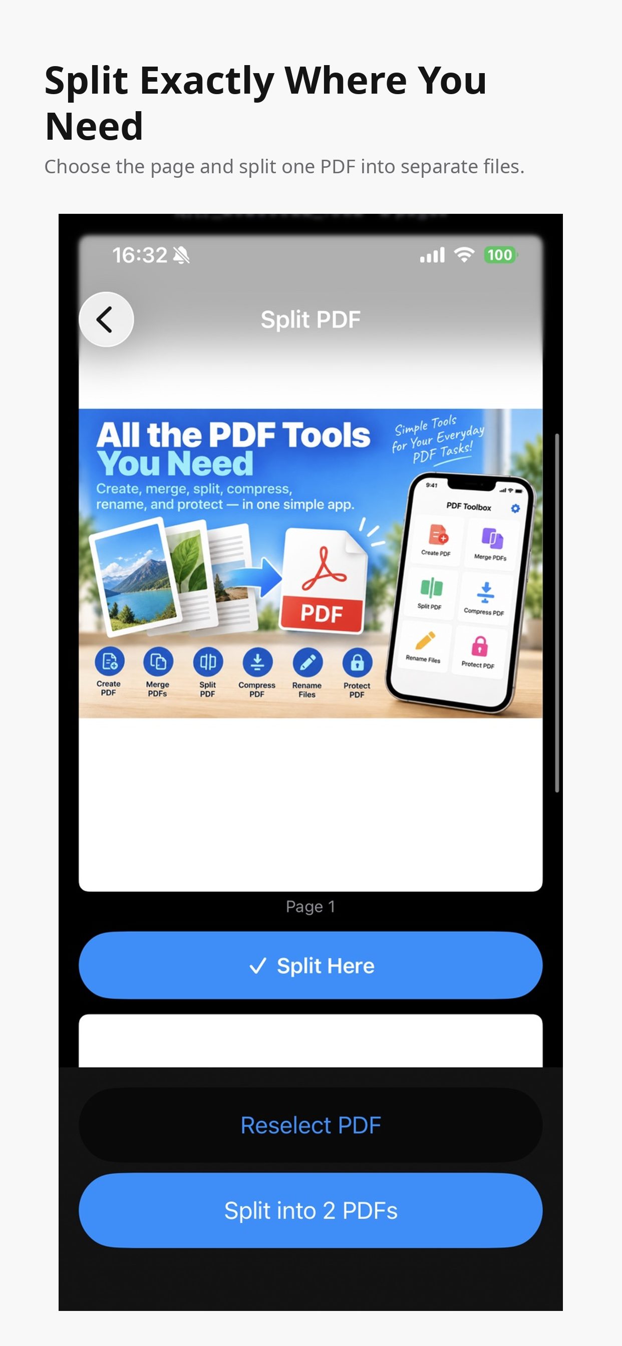 Split PDF screen with a split point selected