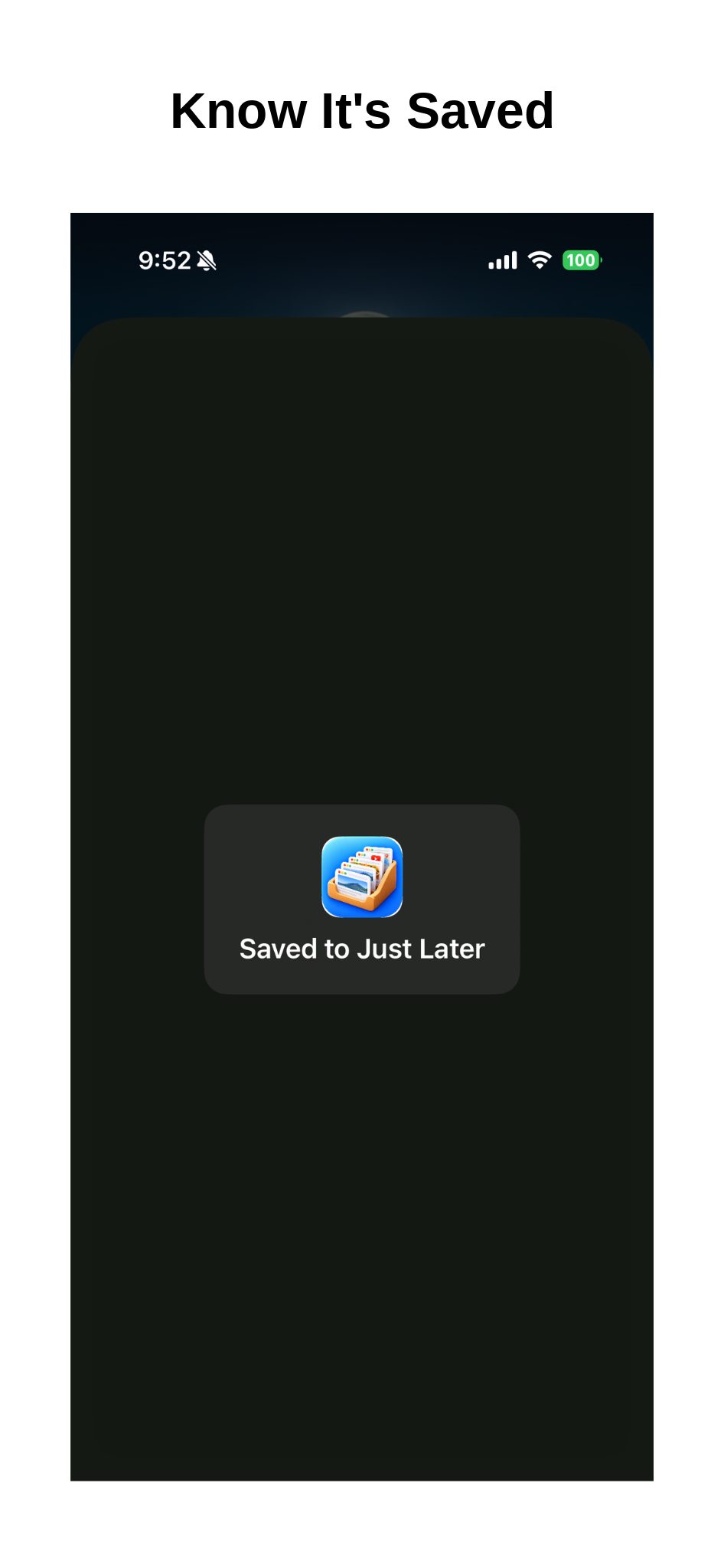 Saved to Just Later confirmation after sharing a page