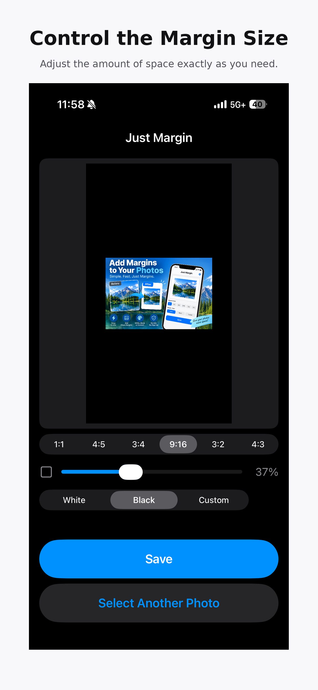 Margin size increased on a 9:16 black background
