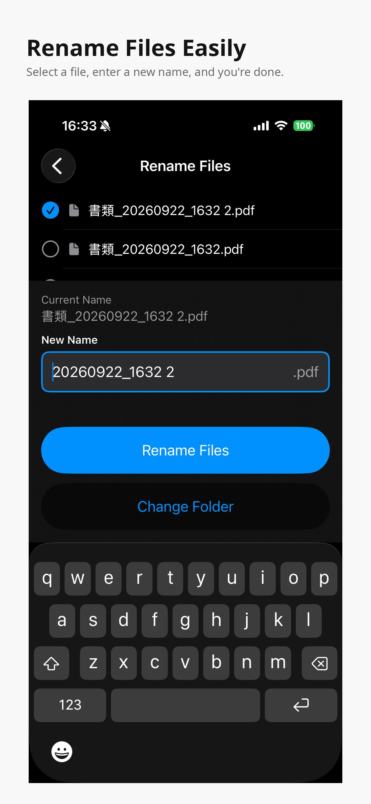 Rename Files screen with a new file name entered