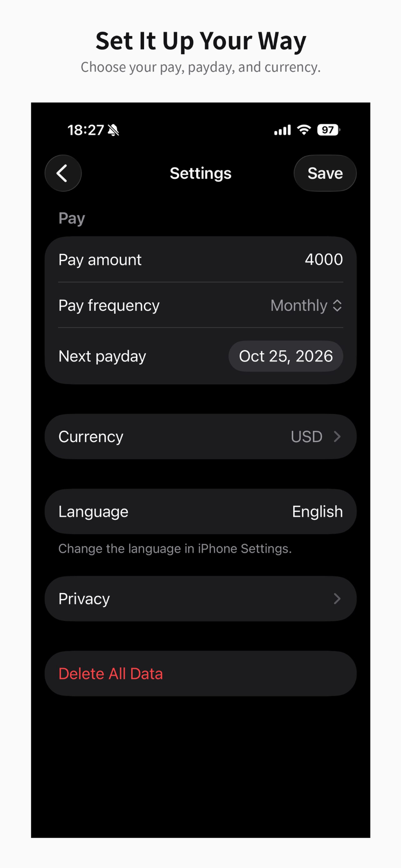 Settings for pay amount, pay frequency, next payday, and currency