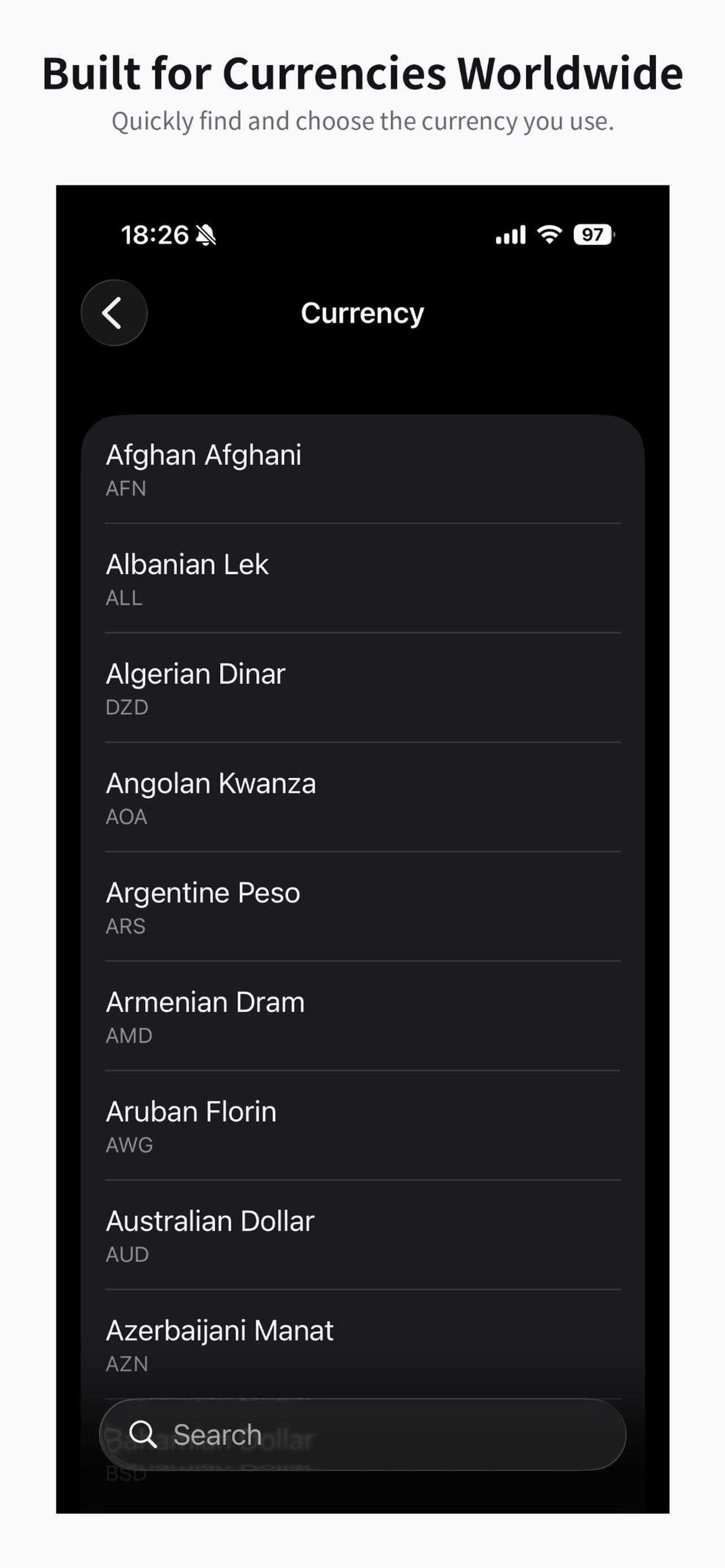 Currency list for choosing your currency