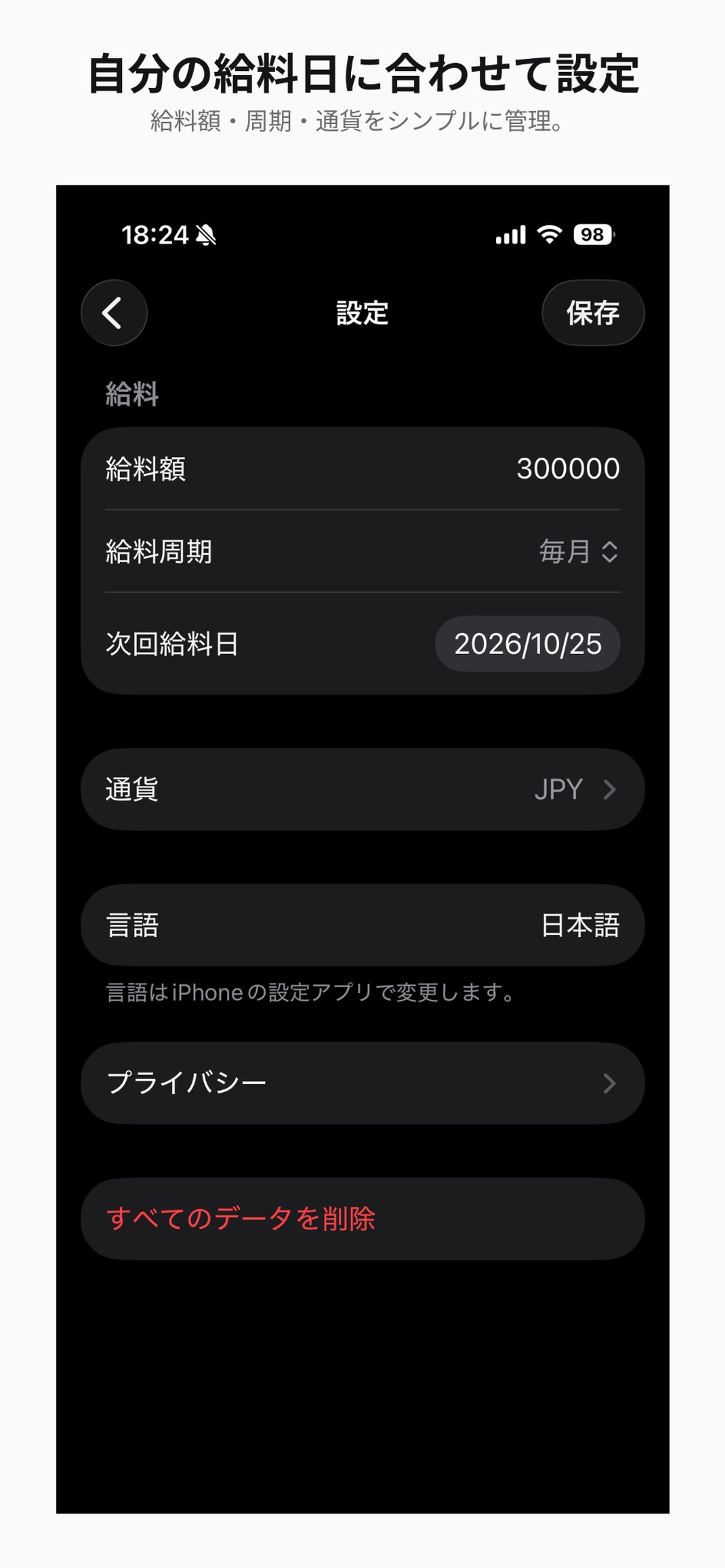 給料額・周期・次回給料日・通貨などの設定画面