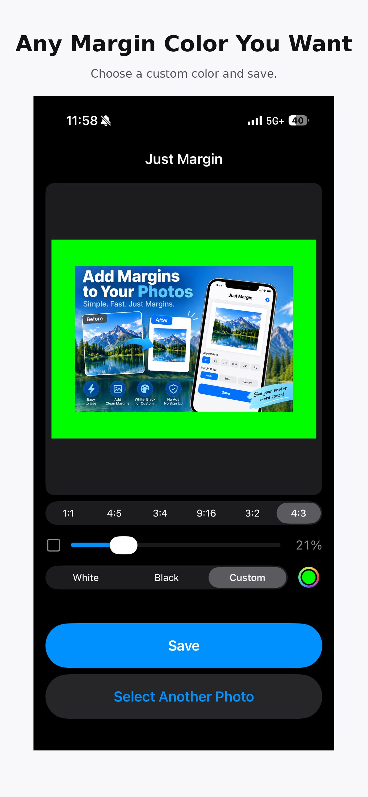 Bright green custom-color margins